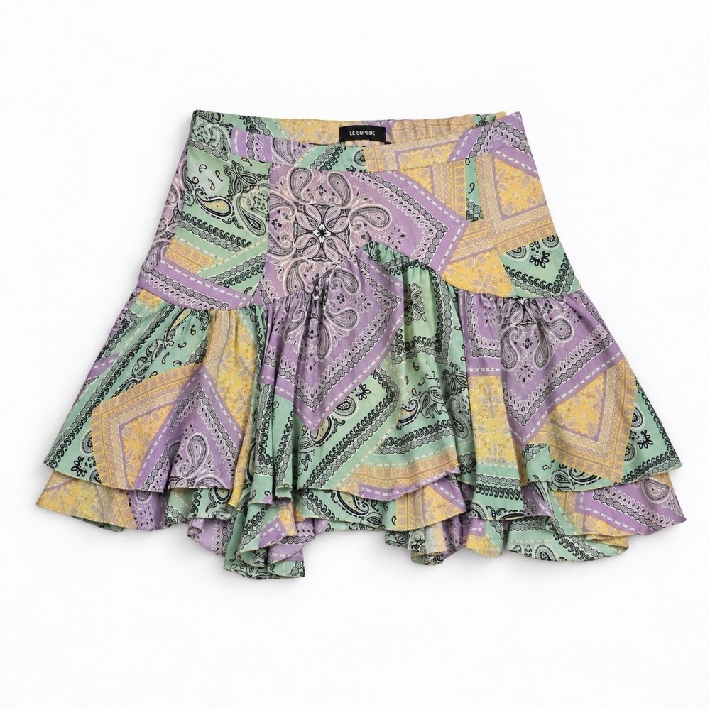 Le Superbe Trifecta Mini Skirt Size 8 Silk Paisley Bandana Print Pleated